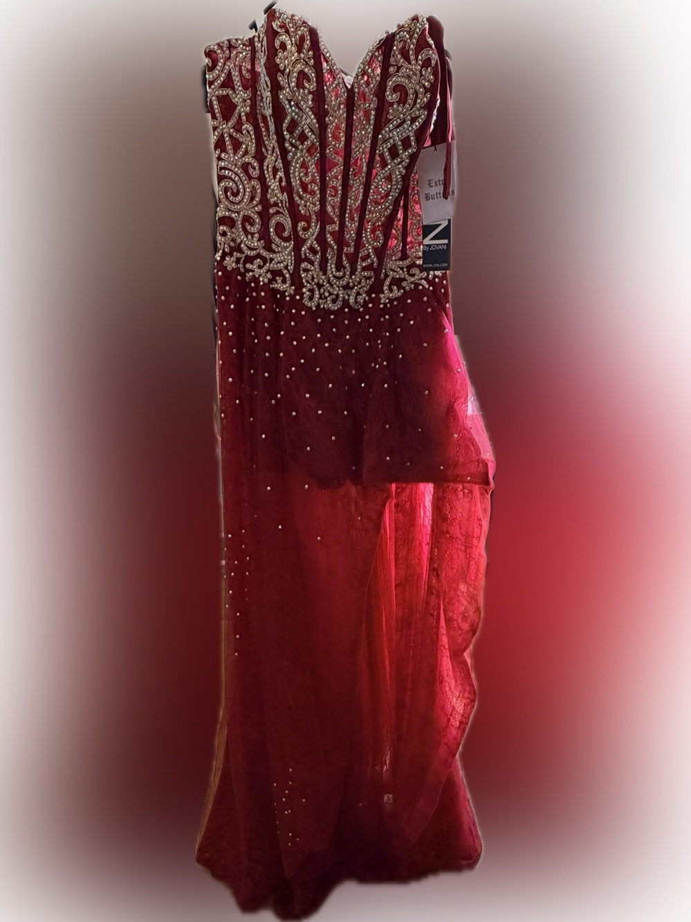 Jovani Burgundy Red Gown with Gold Embellished Bodice